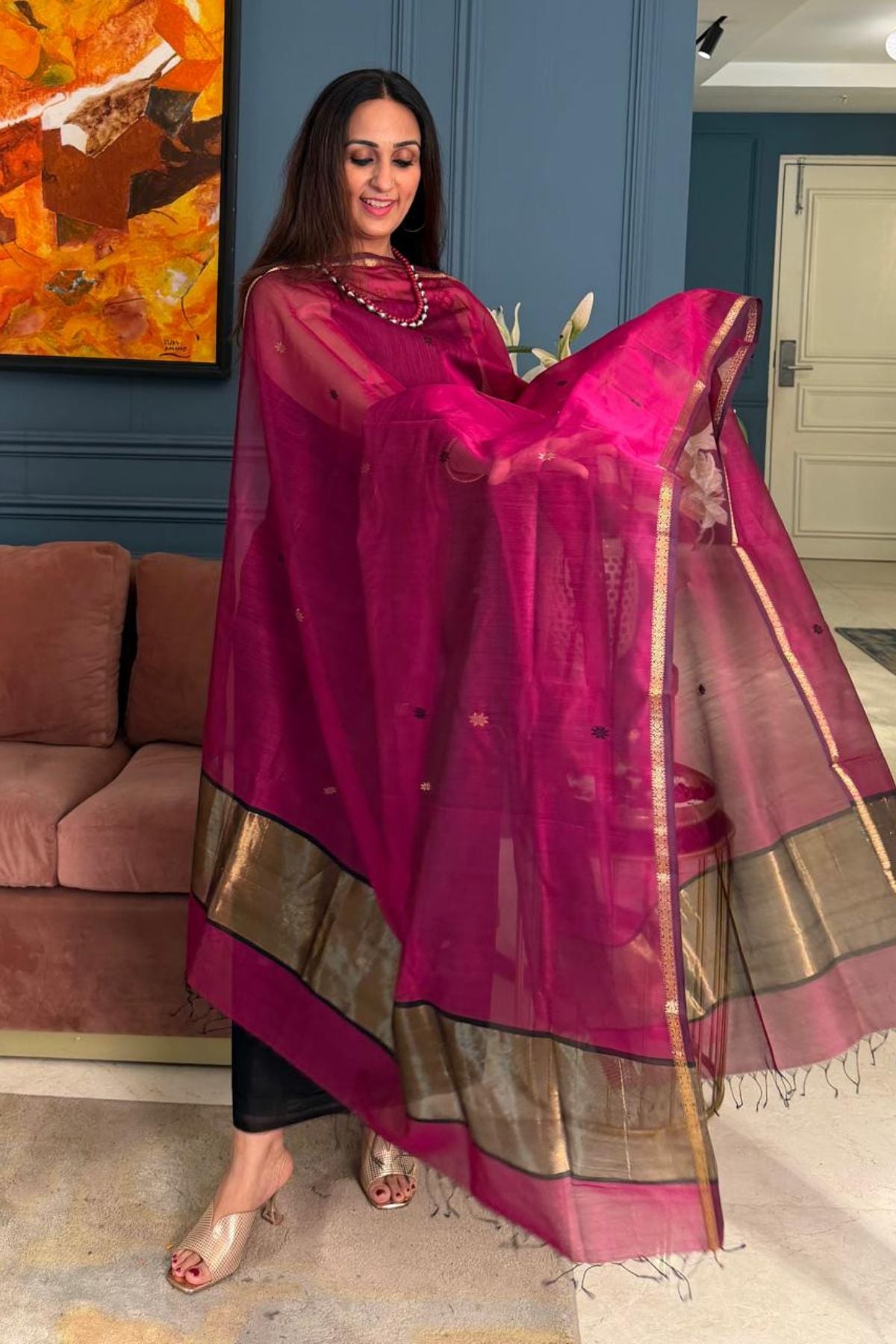 Maheshwari handloom silk by cotton kurta dupatta set
